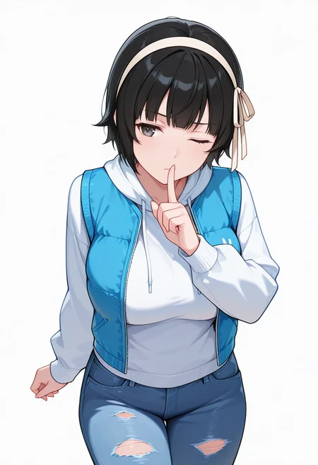 masterpiece,high quality details, ultra realistic, high detailed skin,absurdres,
shushing,
<lora:Arisa_Kusagakure:0.8> arisa_cnr, 1girl,black hair, short hair, bangs, black eyes, large breasts, hairband,, simple background, white background, front view,solo,, pensive,wince,, . .,, vest ,sweatshirt,patched jeans, ,torn socks,