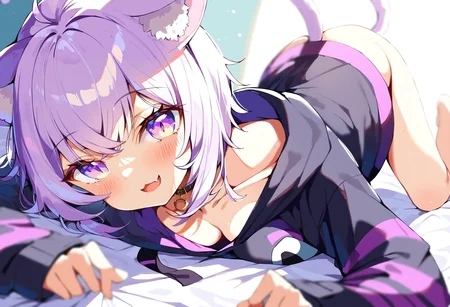 score_9, score_8_up, score_7_up, score_6_up, source anime,
nekomata okayu, nekomata okayu default, animal ear fluff, black hoodie, onigiri print,
1girl, solo, cat tail, lying, looking at viewer, on stomach, collar, open mouth, collarbone, blush, barefoot, bed sheet, smile, downblouse, cleavage, all fours,
depth of field, close-up, soft focus
<lora:nekomata_okayu_v2:1>