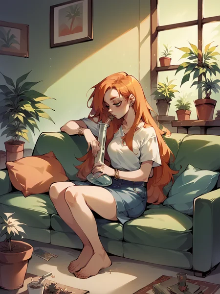 score_9, score_8_up, score_7_up, score_6_up,  <lora:marijuana2XLP:0.4> marijuana, plant, leaf, potted plant, 1girl, couch, sitting, long hair, ginger hair,  <lora:420time:0.9> 420, bong,