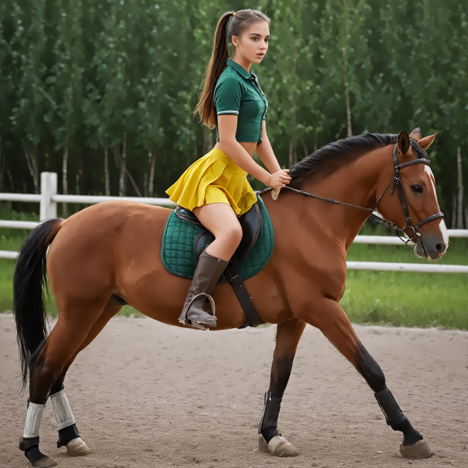 RiHorse, side_view++ (slim 25yo girl) riding a galloping horse. The girl wears green short skirt and yellow shirt. The girl has long brunette ponytail  <lora:RideHorse:1>