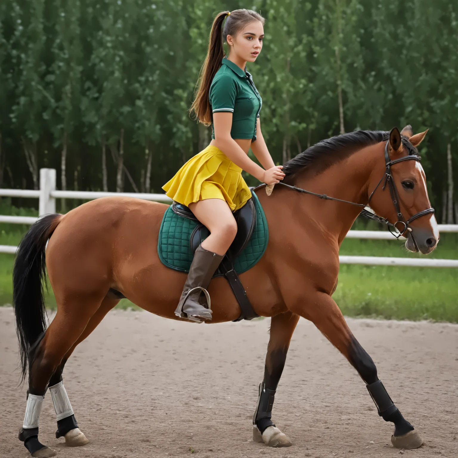 RiHorse, side_view++ (slim 25yo girl) riding a galloping horse. The girl wears green short skirt and yellow shirt. The girl has long brunette ponytail <lora:RideHorse:1>