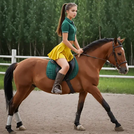 RiHorse, side_view++ (slim 25yo girl) riding a galloping horse. The girl wears green short skirt and yellow shirt. The girl has long brunette ponytail <lora:RideHorse:1>