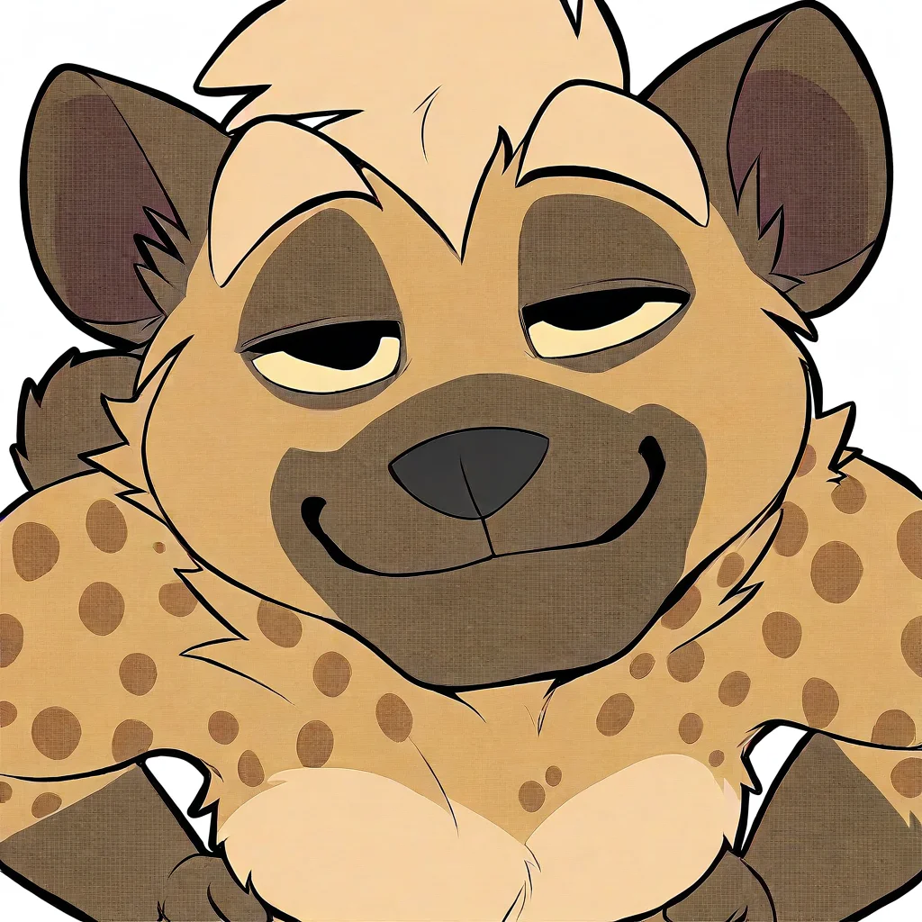 1boy, male focus, male only, masculine, furry, hyena, brown fur, spotted fur, beige hair, beige eyebrows, furry male, solo, upper body focus, face close up, hands on hips, smile, looking at viewer, white background