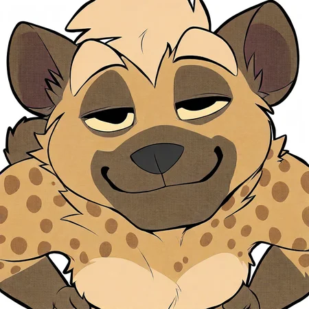 1boy, male focus, male only, masculine, furry, hyena, brown fur, spotted fur, beige hair, beige eyebrows, furry male, solo, upper body focus, face close up, hands on hips, smile, looking at viewer, white background
