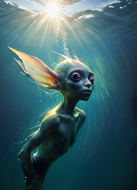 vnnpr, male creature with big pointy ears swimming through the ocean, intoxicated gait, seen from below, sunrays breaking through the water, waves, ripples and bubbles,
 <lora:ArtfullyVINNIPIER_SDXL_V1:0.8> <lora:Dont_Stop_Me_Now:0.7>