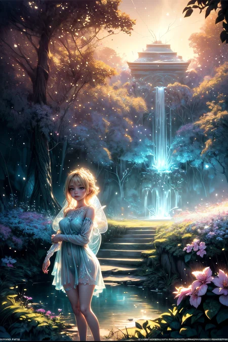 ( detailed realistic background:1),
( official art, beautiful and aesthetic:1 ),
realistic lighting,
cinematic lighting,
hyperrealism,
soothing tones,
muted colors,
high contrast,
soft light,
sharp,
artistic photoshoot,
<lora:FeyAndFairies-11:0.8>FeyFa, , forest, trees, middle, path, waterfall, through, background, stream, flowers, lights, running, in the foreground stands a fairy in front of her fairy house, light,( cute, petite ),
slender,
european,
pale cheeks,
square face shape with angular jaw,
natural "no-makeup" makeup,
big breasts,
,
blonde hair ,
crown braid  ,wearing a see-through gossamer fairy short dress,
night time, darkness,<lora:more_details:0.8> ,