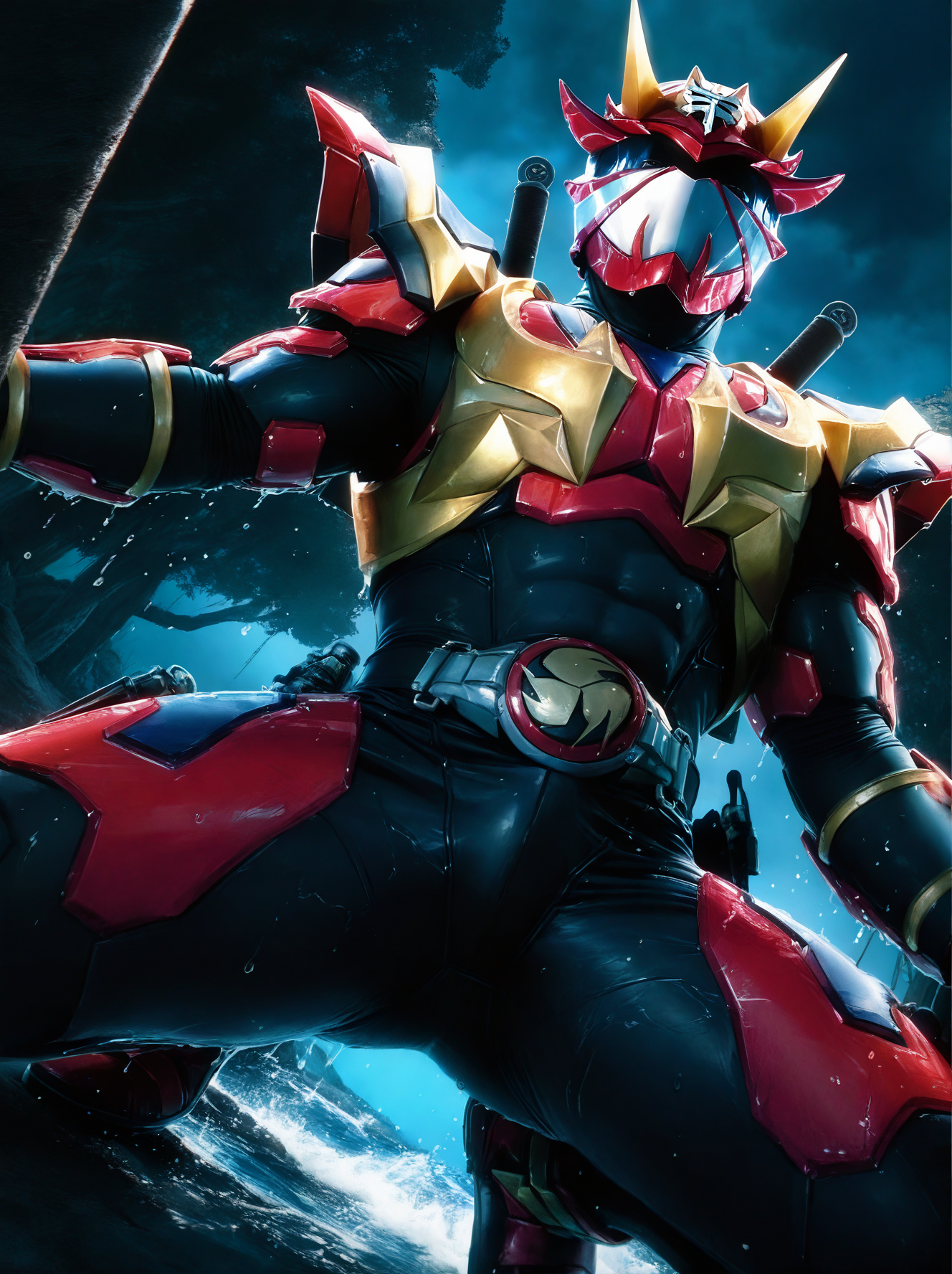 realistic shading,dark environment,dim lighting,expressive face,looking at viewer,<lora:Hibiki:0.8>,1boy,armor,helmet,male focus,solo,Hibiki,manly,dynamic angle,realistic,manly,masterpiece,best quality,wet,imposing,dynamic angle,intricately detailed illustration,masterpiece,best quality,amazing quality,very aesthetic,absurdres,newest,dynami,full body,, score _9,score_8_up, score_7_up,source_anime,rating_explicit,
