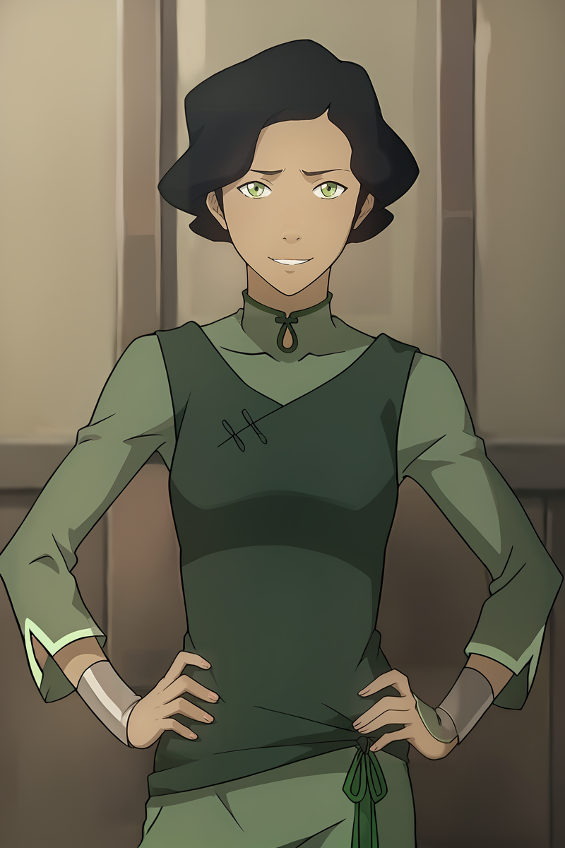 score_9, score_8_up, score_7_up, score_6_up, score_5_up, score_4_up, flat color, source_anime, 2d, BREAK.
standing, contrapposto, hands on own hips, indoors, looking at viewer, light smile, BREAK.
youngsuyin clothing, collared shirt, raglan sleeves, green pants, metal bracelet, BREAK.
<lora:SuYinBeifong_Young_v2:1>, 1girl, solo, green eyes, black hair, short hair, dark skin, dark-skinned female, ((young, 13yo)), BREAK.
<lora:Anaxus-style-pdxl:0.5>,