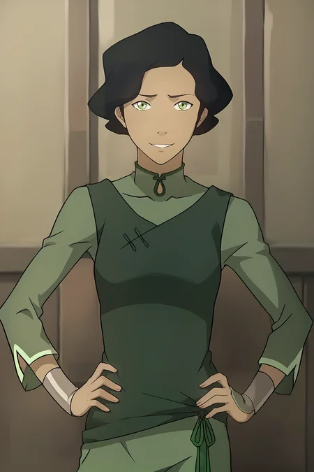 score_9, score_8_up, score_7_up, score_6_up, score_5_up, score_4_up, flat color, source_anime, 2d, BREAK.
standing, contrapposto, hands on own hips, indoors, looking at viewer, light smile, BREAK.
youngsuyin clothing, collared shirt, raglan sleeves, green pants, metal bracelet, BREAK.
<lora:SuYinBeifong_Young_v2:1>, 1girl, solo, green eyes, black hair, short hair, dark skin, dark-skinned female, ((young, 13yo)), BREAK.
<lora:Anaxus-style-pdxl:0.5>,
