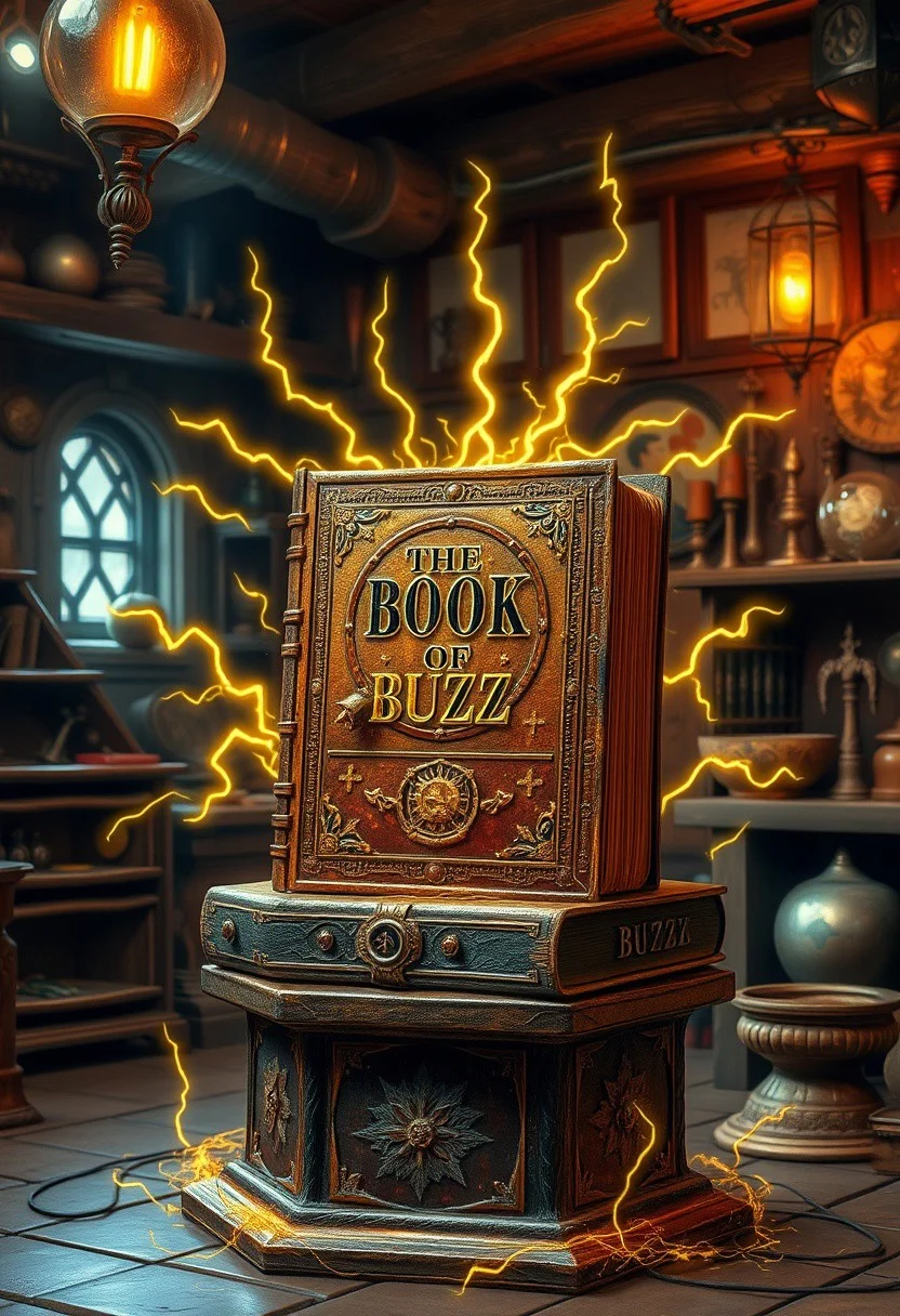 An ancient, leather-bound mystical tome with with the title "THE BOOK OF BUZZ" on a pedestal surrounded by a nimbus of small yellow lightning bolts, located in an arcane workshop filled with mysterious magical objects.