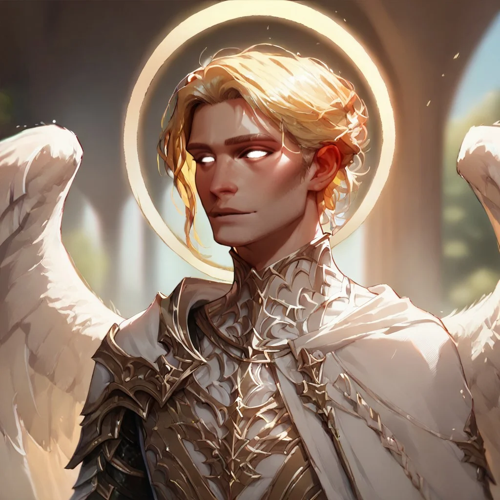 (((detailed, beautiful, high quality))), upper Body, score_9, score_8_up, score_7_up,
aasimar_protector, white eyes, wings, halo, 1male, blond hair, white cape, white shirt,
looking at the viewer, posing, blurred background, blurred fantasy background,