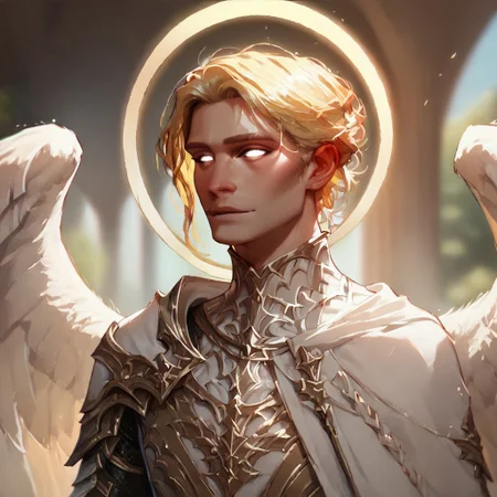 (((detailed, beautiful, high quality))), upper Body, score_9, score_8_up, score_7_up,
aasimar_protector, white eyes, wings, halo, 1male, blond hair, white cape, white shirt,
looking at the viewer, posing, blurred background, blurred fantasy background,