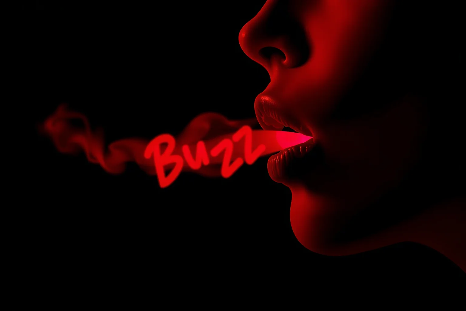 darkbackground,rim light, neon light, side view, close up of a woman's mouth, red glossy lips, the woman blows out smoke which made the letters( "buzz":1.15),(anime style:0.3)