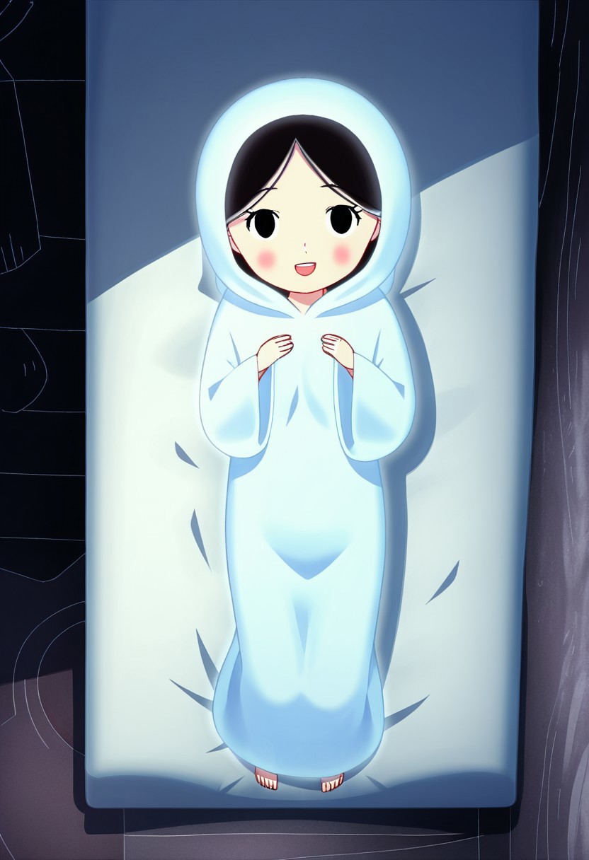 zPDXL3, source_cartoon, Perfect Hands, full body,
1girl, solo, aged down, bedroom, looking at viewer, saoirse, black hair, black eyes, blush, ghost, hood up, robe, barefoot, glowing, dancing on bed, from above, facing at viewer, feeling cold, eyes open, smile, open mouth, sleeve past wrist, slim body, long body, highlight cloth wrinkle, anime style,
<lora:Perfect Hands:1>  <lora:Saoirse_-_The_Song_of_the_Sea-000009:1>