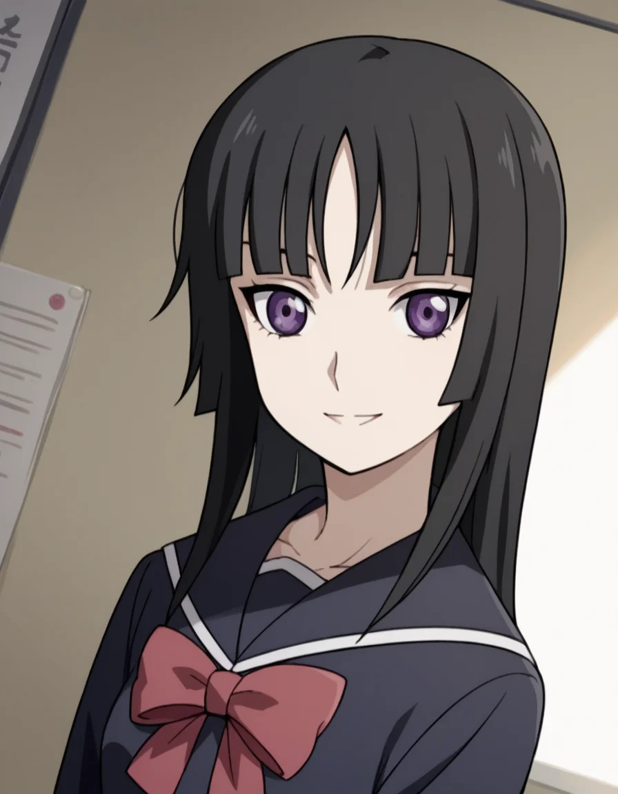 score_9, score_8_up, score_7_up, source_anime, <lora:yomi-isayama-s1-ponyxl-lora-nochekaiser:1>, yomi isayama, long hair, bangs, black hair, purple eyes, blunt bangs, hime cut, long sleeves, bow, school uniform, serafuku, black serafuku,, indoors, smile, looking at viewer, solo,, cowboy shot, dutch angle