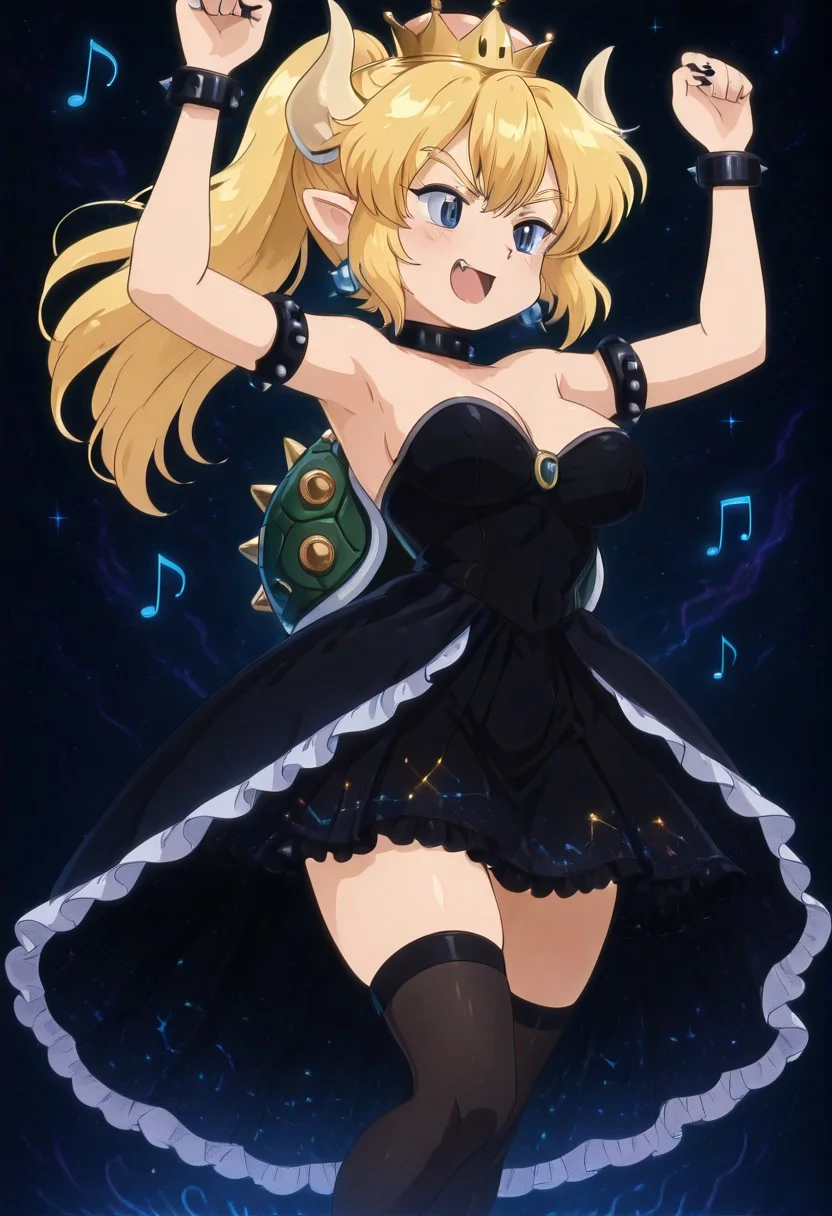 masterpiece, best quality,   AdFF, turntable, blue theme,    (music notes),     SilkStarsCitron, dark blue, dress, starry sky print, bare shoulders,  frilled dress, sleeveless dress, constellation, star (sky),  ,    (side view),   
,[],
Bowsette,yellow_hair, ponytail, wavy hair, blue_eyes, pointy_ears, horns,crown,earrings, huge_breasts, fire theme,
,[],
 large breasts, bare shoulders, star earrings, crown  C0utur3Cr4z3, solo, navel, blue hair, jacket,  open clothes, hood, hoodie, headphones, hood up, white shirt,  smile, fang, (dancing), arms up, dynamic angle,