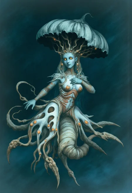 aidmaMJ6.1, Made out of paper, a PaperStyle , d4artstyle, d4concept, , d00mstyle, made of clay, ZBClay model of a gray sculpture
AmanoER
Ethereal, fungal creature with fluid, hybrid anatomy, blending humanoid, serpentine, and mushroom-like traits. Skin is pale, smooth with luminous orange and white bio-luminescent patches, resembling both organic flesh and delicate mushroom caps. Head is adorned with a massive, umbrella-like fungus resembling a crown, with deep-set, glowing eyes and small, coral-like protrusions. The torso is slender yet muscular, covered in vein-like patterns that glow subtly, transitioning into a coiled, serpentine lower body with translucent, webbed fins extending from the back. Multiple slender limbs, some ending in claws, others more tentacle-like, spread out from various points, giving it a constantly shifting, fluid form. The creature exudes an aura of serene wisdom yet primal danger, with fine textures that hint at both plant and aquatic influences, merging traits of deep-sea life and mystical fungi in a hauntingly graceful form."
Background solid color with a faded dimly lit, fog-covered darkness tone that emphasizes its silhouette.
The medium is not a traditional painting or illustrative medium like watercolor or ink but rather a digital rendering, eerie and unsettling.