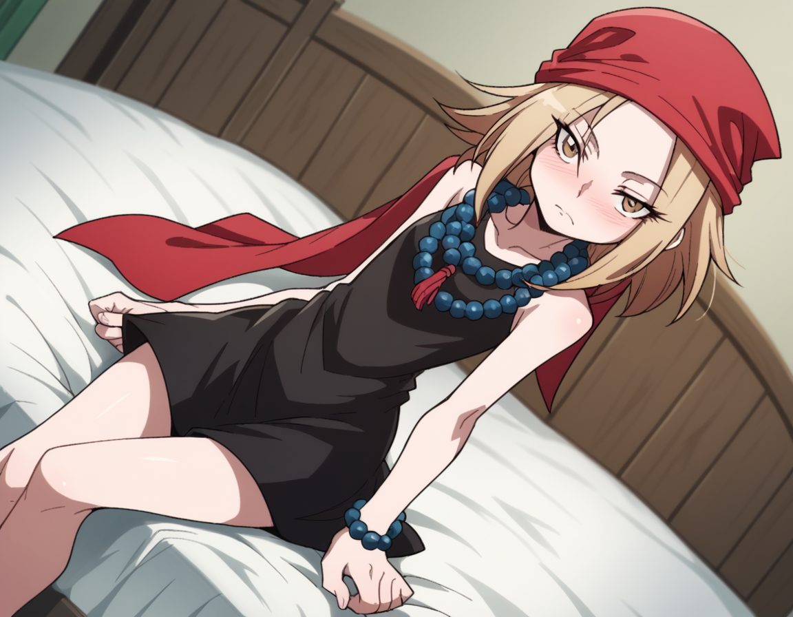 score_9, score_8_up, score_7_up, source_anime,
annakyouyama, <lora:anna-kyouyama-2021-s1-ponyxl-lora-nochekaiser:1>,
anna kyouyama, blonde hair, short hair, brown eyes,
bandana, beads, black dress, dress, prayer beads,
indoors, bed, bed room, on side, blush, drunk,
looking at viewer, cowboy shot, solo, dutch angle