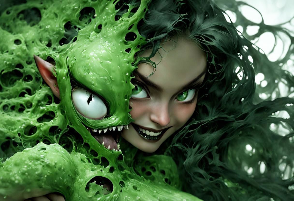 Super Close Up, evil smile, Monochrome, Green slime Highlights, 300 Style, sexy seducing fighting Girl, wooly lingerie, Fights black giant devouring fluffy abyss, large eyes, Hd, very Detailed, seducing offering Herself, Look to viewer, awesome Quality, luminescent, translucent, Ethereal, vibrant,