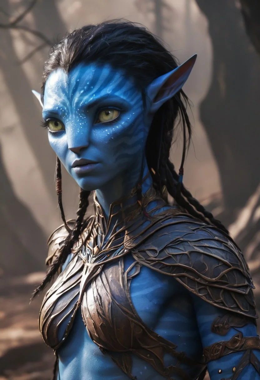 female Avatar navi alien with blue skin, dynamic, moody, shadows, dark, sinister, highly detailed, natural bark armor breastplate, digital painting, artstation, concept art, smooth, sharp focus