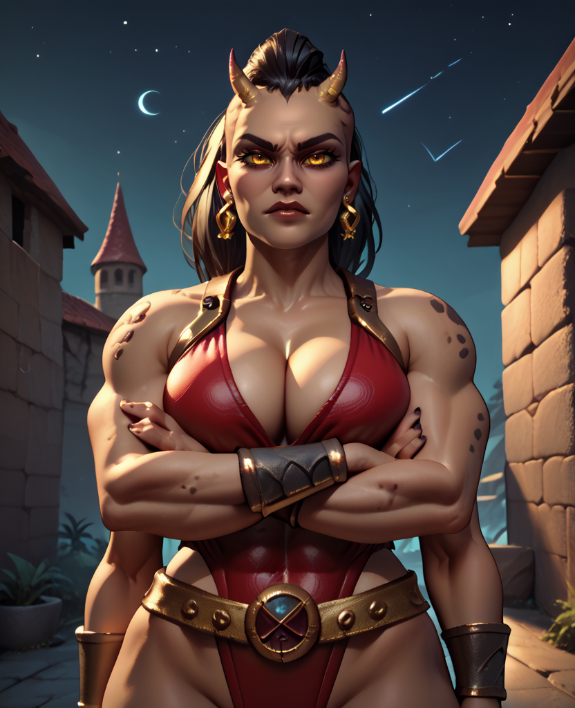 score_9,score_8_up,score_7_up,
sheevaxl,4 arms,yellow eyes,red one-piece swimsuit,gold belt,bracer,earrings,cleavage,black hair,toned,tiny  head horns,crossed arms,
standing,upper body,
night,dungeon,<lora:Sheevaxl:0.8>,