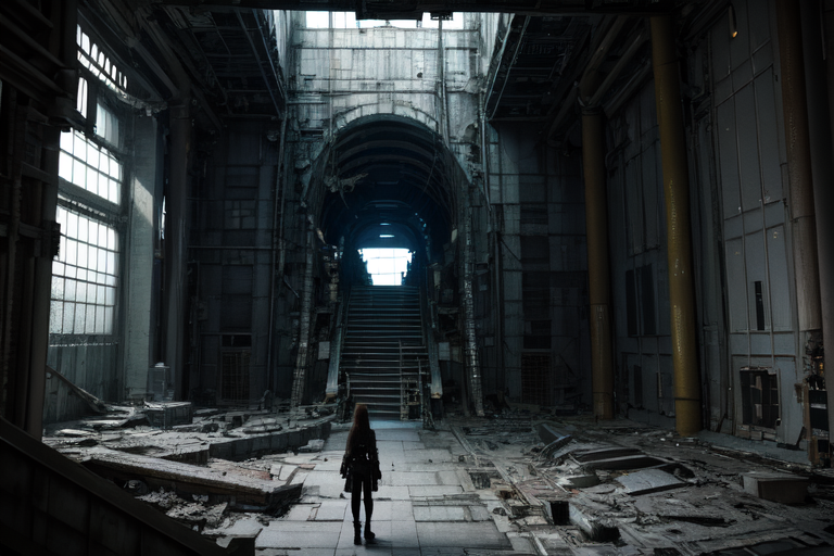 highly insanely detailed, masterpiece, top quality, best quality, highres, 4k, 8k, RAW photo, (very aesthetic, beautiful and aesthetic),  
tsutomu nihei,nihei_tsutomu,blame!,blame gakuen!,abara,TNstyle,sidonia_no_kishi,(lab,megastructure in background,city ruins,tower,hangar,space,spacecraft,giant room,tunnel,deep horizon,mausoleum,stairs), 
<lora:blamev2:0.3>, 
(1girl:1.3), 
solo focus, 
in dungeon,âââ