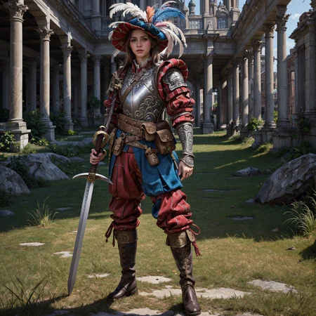 RAW photo, (masterpiece:1.3), subsurface scattering, heavy shadow, (high quality:1.4), (intricate, high detail:1.2), professional photography, HDR, High Dynamic Range, realistic, ultra realistic, photorealistic, high resolution, film photography, ambient lighting, atmospheric effects, <lora:detail_slider_v4:2>, OverallDetail, <lora:Landsknecht:0.7>, 1girl, blue eyes, boots, full body, grass, hat feather, hatsune miku, holding, holding weapon, looking at viewer, male focus, pants, plume, pouch, simple background, solo, standing, sword, weapon
