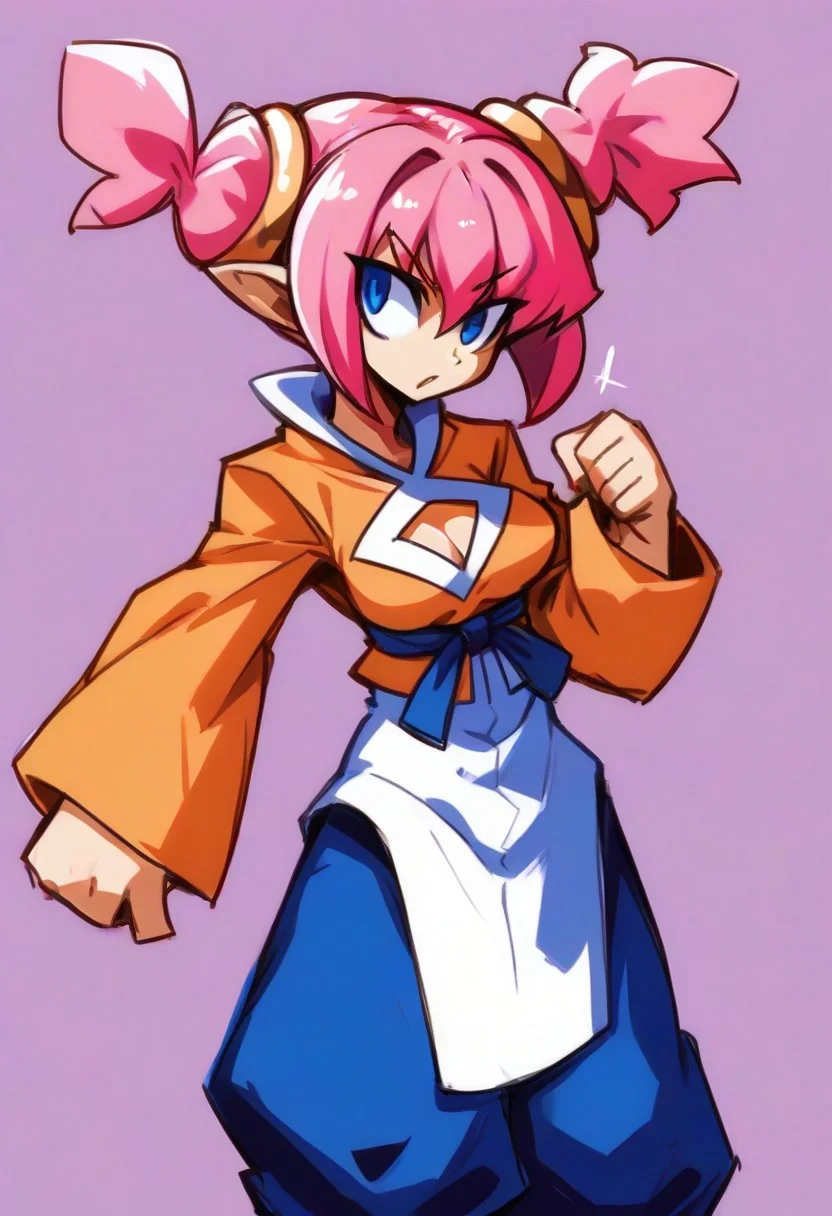 , fghtmstrssxl,twintails,blue eyes,pink hair,short hair,pointy ears,, cleavage cutout,orange shirt with long sleeves,blue pants,long white shirt,blue ribbon,long white pelvic curtain, ,bow,,<lora:FightMistressXL:0.9>,