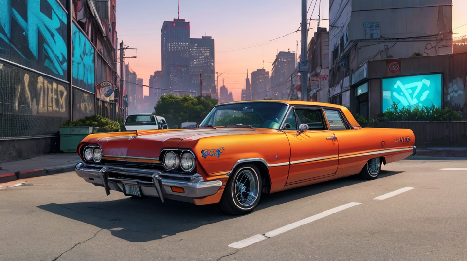 photo of cyberpunk ((retro lowrider car) <lora:lowrider:0.4>,:1.1), at the parking lot, at night city,manhattan city background, beautiful sunset, the buildings are covered in (futuristic graffiti:1), many buildings have neon signs, in the style of Moebius <lora:Moebius (Jean Giraud) Style:1>