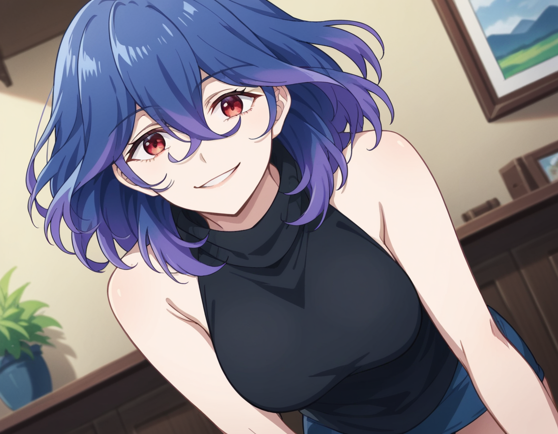 score_9, score_8_up, score_7_up, source_anime,
vermeil, <lora:vermeil-s1-ponyxl-lora-nochekaiser:1>,
vermeil, red eyes, hair between eyes, blue hair, purple hair, multicolored hair, medium hair,
sweater, bare shoulders, sleeveless, turtleneck, black sweater, thighs,
indoors, bent over, smile,
looking at viewer, cowboy shot, solo, dutch angle,