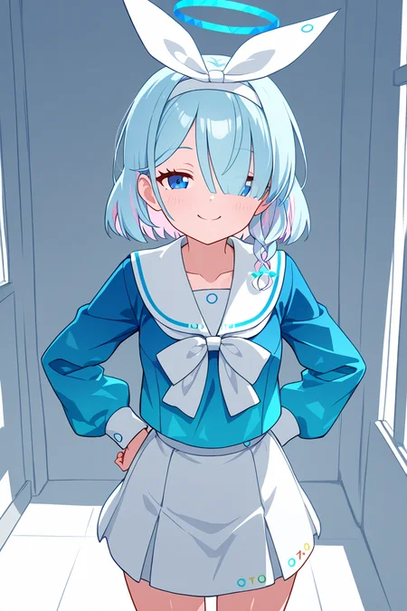 masterpiece, best quality, 1girl, solo, 21 year old model, eyelashes, (beautiful eyes), ,,, zzArona, blue eyes, blue hair, hair over one eye, bangs, blue halo, mechanical halo, long sleeves, ribbon, school uniform, serafuku, skirt, white skirt, <lora:AronaBlueArchiveIXL:1.0>, cowboy shot, hand on hip, smug, smile, looking at viewer, shiny skin,