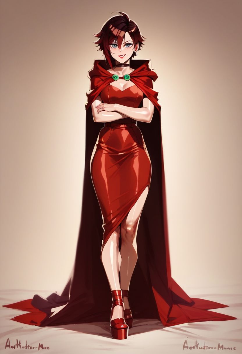 score_9,score_8_up,score_7_up,score_6_up, easynegative, shiny skin, full body, looking at viewer, seductive look, standing, solo, cloak
ruby rose, red lipstick, red ball gown,