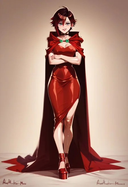 score_9,score_8_up,score_7_up,score_6_up, easynegative, shiny skin, full body, looking at viewer, seductive look, standing, solo, cloak
ruby rose, red lipstick, red ball gown,