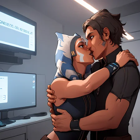 (masterpiece:1.2, best quality:1.2, high resolution), (2girls:1.1), Ahsoka, 1boy, kiss, hug, indoor, star wars background, <lora:AhsokaS7_V1-Manityro-dadapt:0.8>