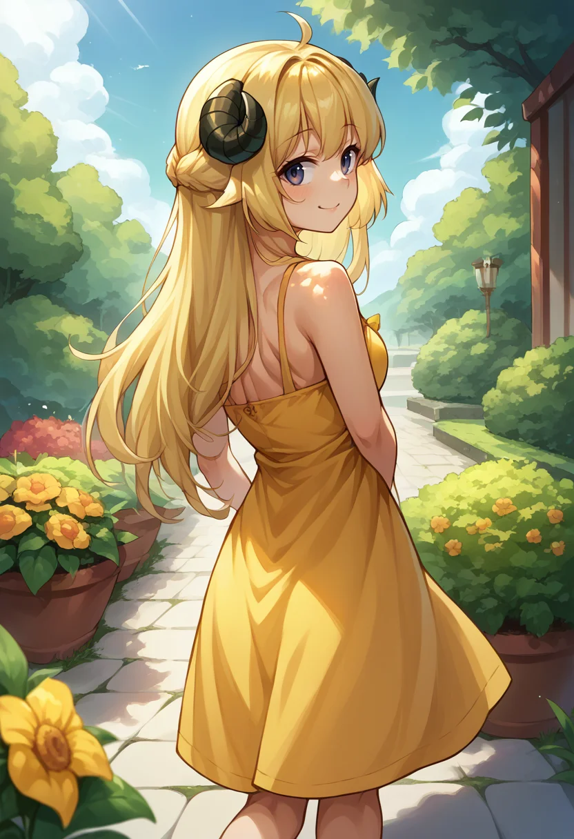 score_9, score_8_up, source_anime, 1girl, solo, TsunomakiWatame, horns, long hair, ahoge, from behind, yellow sundress, garden, day, sunshine, smile, looking back, <lora:ChamTsunomakiWatamePonyXLV2:1>