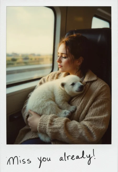 japanese culture style, breathtaking emotional photos, animal focus, soft focus, a beautiful 28 years old lady hugging a cute little polar bear cub sleeping on a train seat, sweet dream, warm atmosphere, Visible Dust Particles or Airborne Particles Floating Indoors in Natural Sunlight from the radiant cloud at sunrise, The Polaroid-style border includes the handwritten text "Miss you already." in cursive writing. wpolaroidf1, aidmafluxpro1.1,Perfect hand, the animal is very tiny