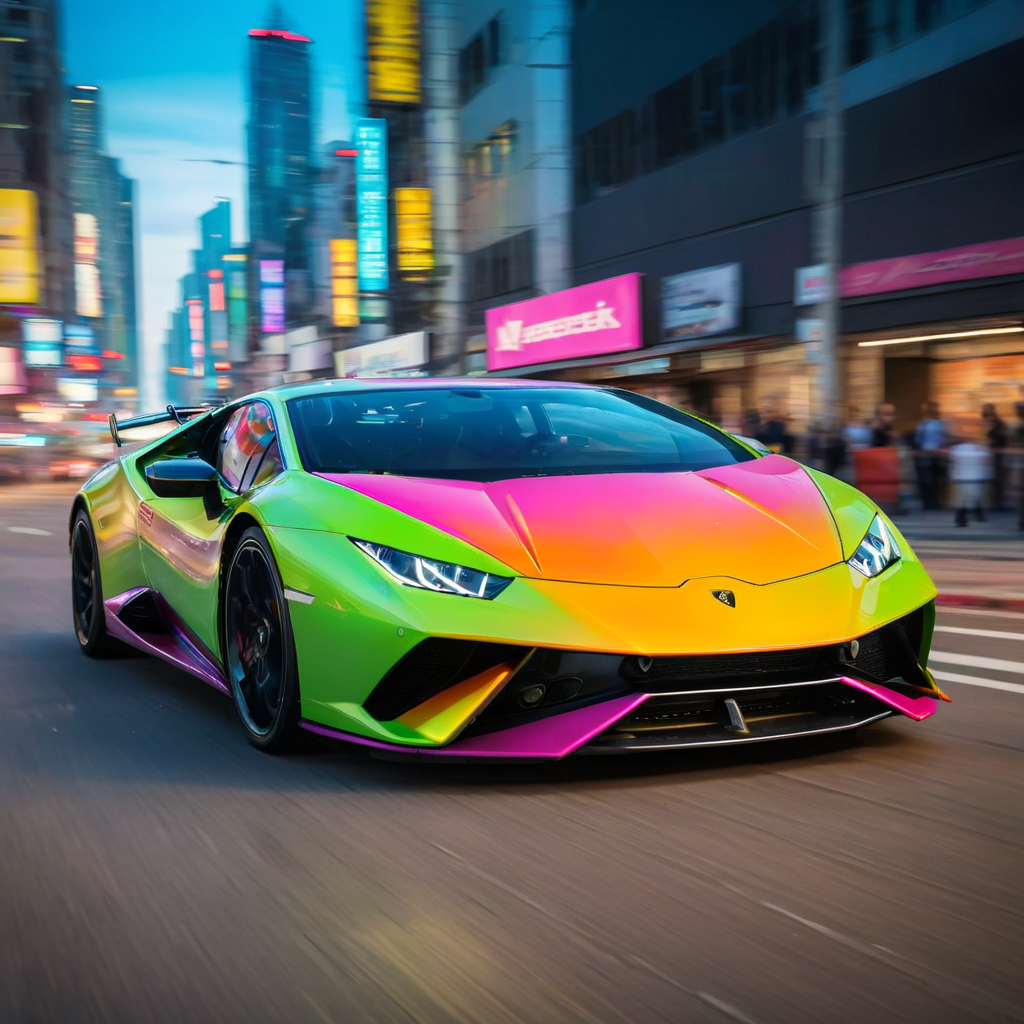 HuracánCar,sports car,masterpiece, <lora:Huracán_XL:0.8>,multi color,
award winning shot,cyberpunk city street with, hypercar in high speed pursuit, chromatic blur, chromatic aberration