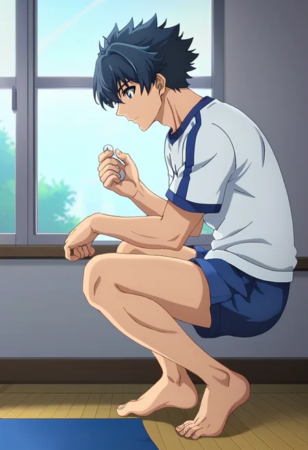 score_9, <lora:Rakuro_Hizutome:1> rakuro hizutome, 1boy, barefoot, black hair, blue eyes, close-up, indoors, male focus, rakuro hizutome, shirt, short hair, solo, sportswear, window