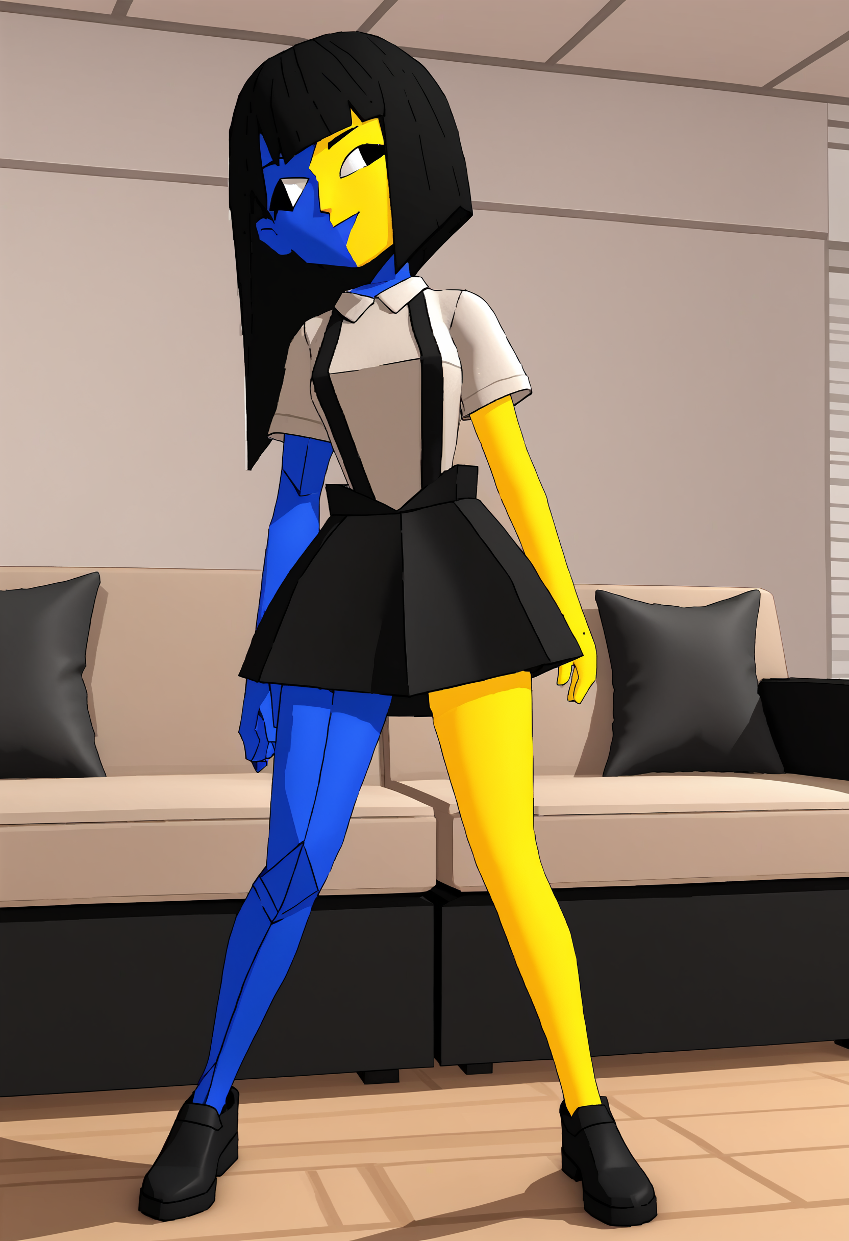 score_9, score_8_up, score_7_up, score_6_up, score_5_up, score_4_up, 1girl, <lora:Ena:0.9> solo, colored skin, yellow skin, blue skin, black eyes, suspenders, shirt, short sleeves, black skirt, black shoe, black boot, standing,
living room background, 3d, render,