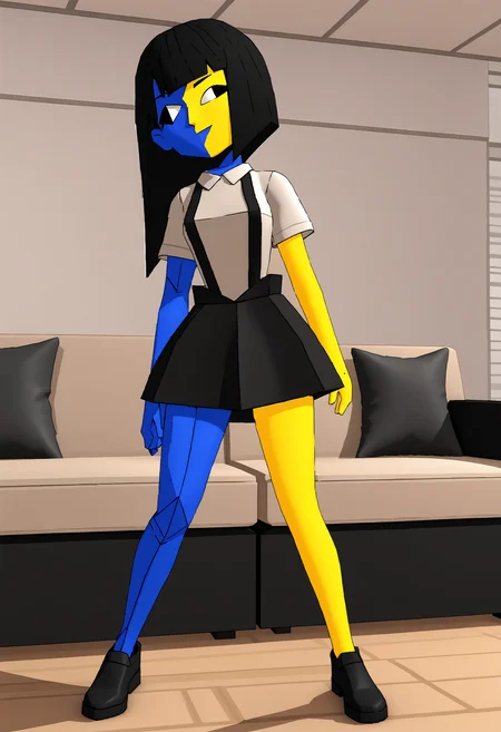 score_9, score_8_up, score_7_up, score_6_up, score_5_up, score_4_up, 1girl, <lora:Ena:0.9> solo, colored skin, yellow skin, blue skin, black eyes, suspenders, shirt, short sleeves, black skirt, black shoe, black boot, standing,
living room background, 3d, render,