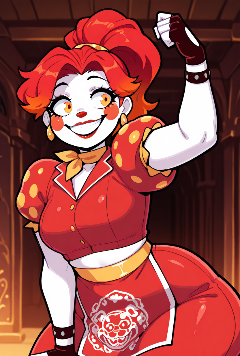 <lora:ilglambab-08:1> glambab, white skin, 1girl, red hair, ponytail, wide smile, earrings, short puffy sleeves, red fingerless gloves, red dress, red lips, midriff, red nose,  ((dynamic pose)),    <lora:welwraith-guy90-Illust-Lycorisv1:1> welith, curvy, score_9, score_8_up, score_7_up, masterpiece, best quality, masterpiece, best quality, amazing quality, very aesthetic, absurdres, newest,