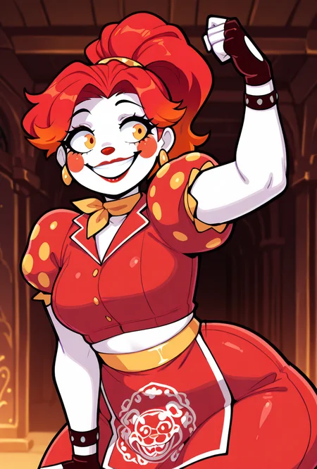<lora:ilglambab-08:1> glambab, white skin, 1girl, red hair, ponytail, wide smile, earrings, short puffy sleeves, red fingerless gloves, red dress, red lips, midriff, red nose, ((dynamic pose)), <lora:welwraith-guy90-Illust-Lycorisv1:1> welith, curvy, score_9, score_8_up, score_7_up, masterpiece, best quality, masterpiece, best quality, amazing quality, very aesthetic, absurdres, newest,