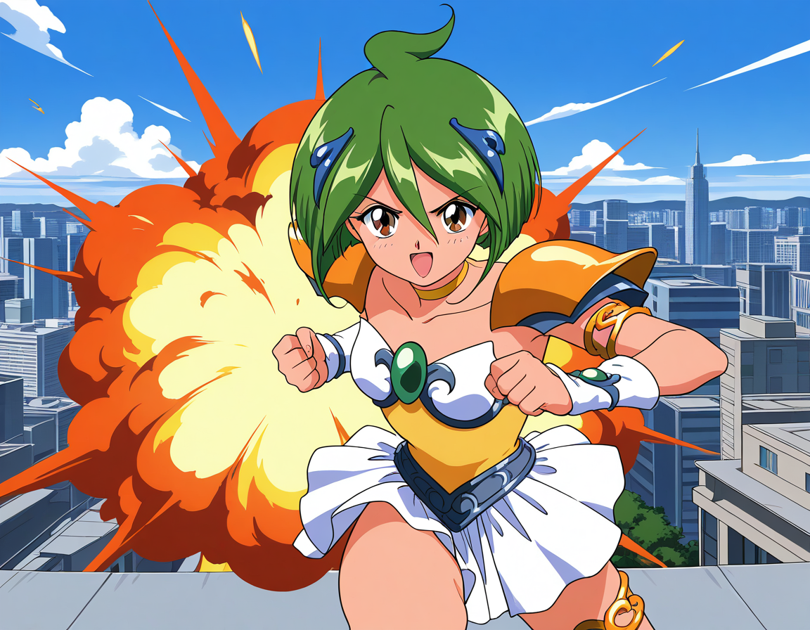 general,highres, ultra-detailed,very aesthetic,best quality ,best hands,  BREAK <lora:Tamano_Hinagiku_IS:1> Tamano_Hinagiku, 1girl,solo, green hair, short hair, brown eyes, hair between eyes, 1990s (style),anime coloring,
solo, green eyes, smile, skirt, choker, looking at viewer, armor, armlet, jewelry, magical girl, thighlet, ahoge, outdoors, white skirt, shoulder armor, pauldrons, day, hair ornament, collarbone, shoulder pads,
serious face, fighting, punch, open mouth, motion. action effect, aura, Explosion,
city, outdoor, day, sky,