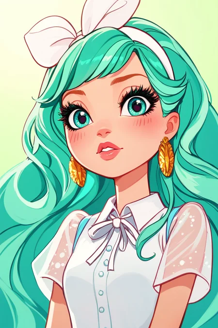 score_9, score_8_up, score_8, <lora:everafterhigh:0.8>, everafterhigh, 1girl, solo, looking at viewer, long hair, closed mouth, jewelry, earrings, shirt, aqua eyes, ribbon, eyelashes, aqua hair, white shirt, hair ribbon, portrait, blush, white ribbon, green hair, hairband, lips, hair intakes