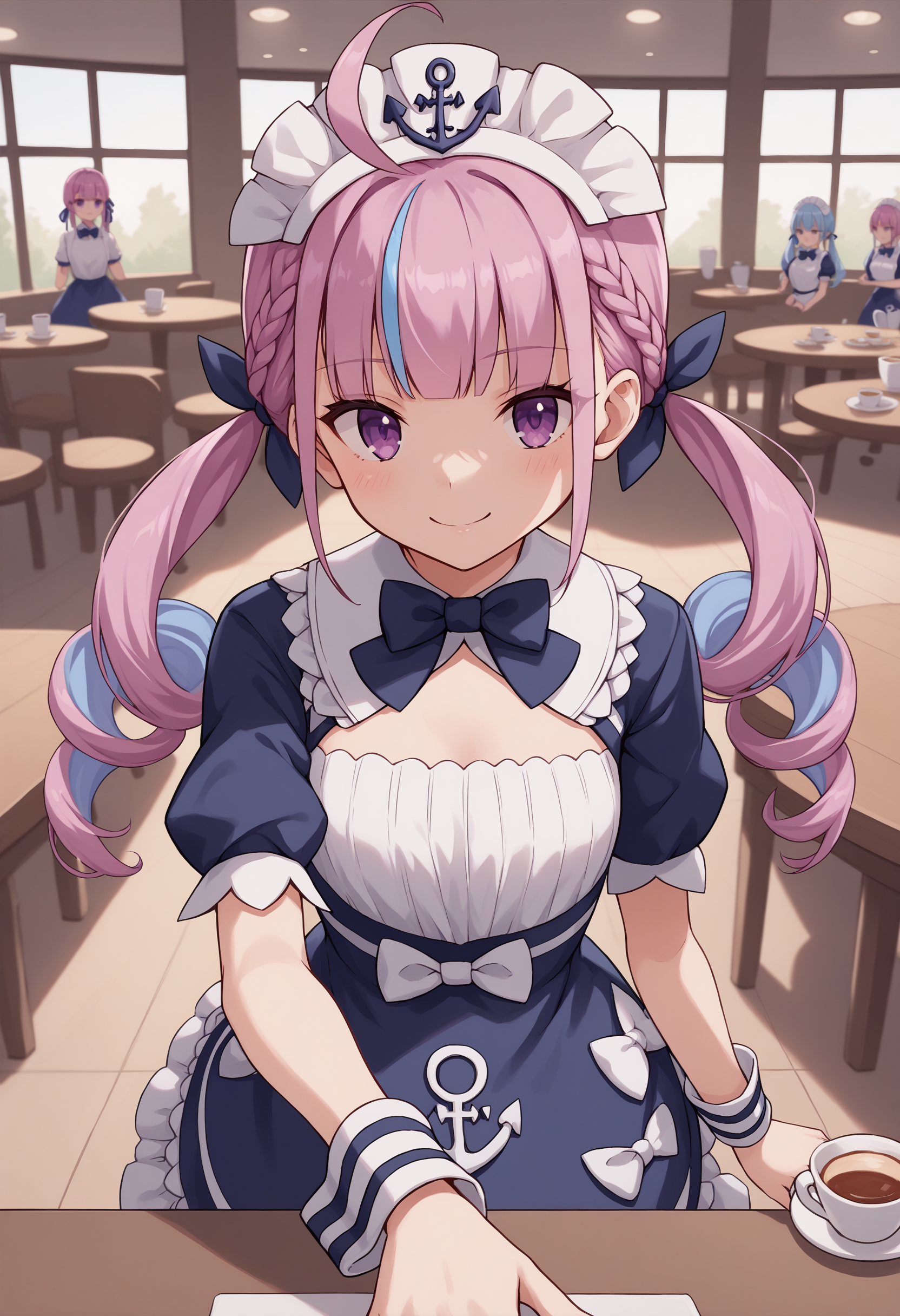 score_9, score_8_up, score_7_up, source_anime, mimaid, purple eyes, blue hair, pink hair, purple hair, ahoge, bangs, blunt bangs, braid, french braid, twintails, low twintails, drill hair, streaked hair, colored inner hair, long hair, ribbon, hair ribbon, blue ribbon, maid headdress, anchor symbol, bowtie, dress, blue dress, frills, frilled dress, anchor print, puffy short sleeves, wrist cuffs, bow, white bow, smile, cafe, pov, table, standing<lora:MinatoAquaXL-20:1>