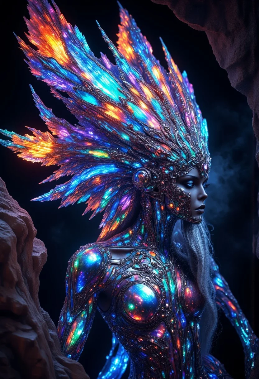 Contrast Colors, Hyperrealistic, Cinematographic Photography, Detailed, Best Quality, High Resolution, Intricate Details, Vivid Colors, Detailed Style Photography Hyperrealism oil painting
a majestic, graceful, erotic woman. warrior by day. lover in the night. harmonious fantasy world. colorful and harmonious. symmetrical buildings that are one with nature. plants are part of the buildings. The clothing is made from plants. free from chemicals. and yet so detailed and elegant. humans and animals live in harmony. Animals are breathtakingly beautiful and captivate the viewer.
perfection style, vivid colors, colorful, dark background, aidmaMJ6.1, future_outfit, Egyptian dark fantasy, glowing opal fantasy, opalescence, made of opal, from side.