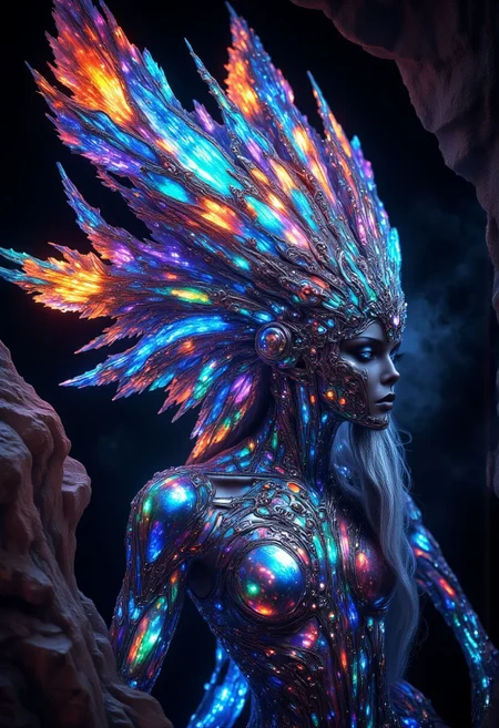 Contrast Colors, Hyperrealistic, Cinematographic Photography, Detailed, Best Quality, High Resolution, Intricate Details, Vivid Colors, Detailed Style Photography Hyperrealism oil painting
a majestic, graceful, erotic woman. warrior by day. lover in the night. harmonious fantasy world. colorful and harmonious. symmetrical buildings that are one with nature. plants are part of the buildings. The clothing is made from plants. free from chemicals. and yet so detailed and elegant. humans and animals live in harmony. Animals are breathtakingly beautiful and captivate the viewer.
perfection style, vivid colors, colorful, dark background, aidmaMJ6.1, future_outfit, Egyptian dark fantasy, glowing opal fantasy, opalescence, made of opal, from side.