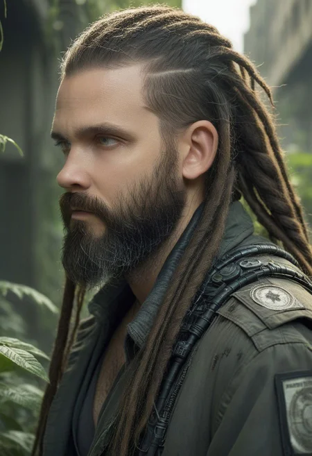 closeup portrait of a bearded man, a lot of long dreadlocks with braids, old jacket, (in a post apocalyptic city overgrown with lush vegetation:1.3), by Luis Royo, by Greg Rutkowski, epic realistic, dark, gritty, intricate, volumetric lighting, volumetric atmosphere, concept art, octane render, trending on artstation, 8k, dynamic pose Artstation, made of intricate realistic white glowing circuits and robotic parts covered in polished obsidian and onyx plates, cinematic lighting, photo realistic