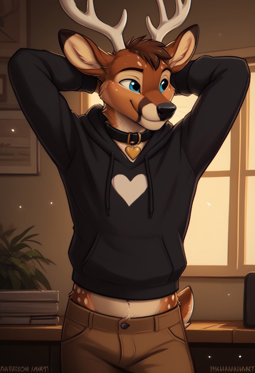 Zaush art style, furry, source_furry, anthro, inside, bedroom, intricate details, male, collar, hoodie, pants, sika deer, antlers tilting hip, heart on collar, playful smile, arching back, score_9, score_8_up, score_7_up, score_6_up, cute midriff peek, navel, undressing, (lower body view, bent back), hands behind head, tilting hip, looking to the side