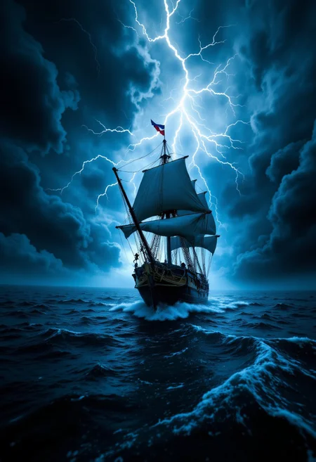 A pirate ship sailing through stormy seas, lightning crackling in the sky above.
, aidmafluxpro1.1, aidmaimageupgrader, aidmaMJ6.1, aidmaHyperrealism